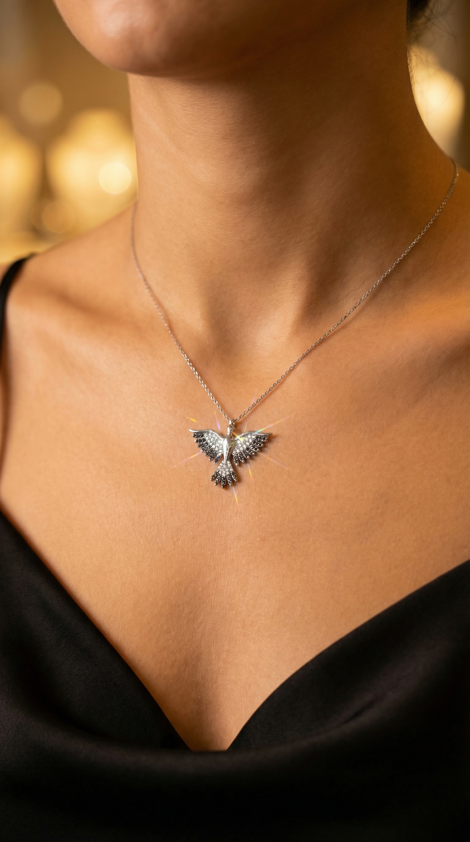 925 Ayar Gümüş Zümrüdüanka Kuşu Figürlü Siyah Beyaz Taşlı Kadın Kolye – Özel Tasarım, Zarif Hediyelik